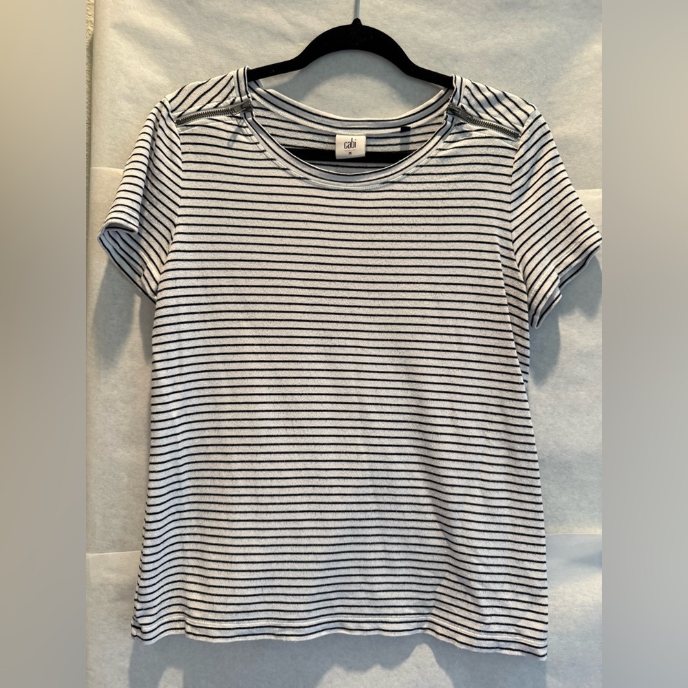 CAbi Black and White Striped Short Sleeve Top w/Zipper Details